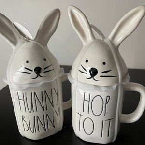 Rae Dunn "HUNNY BUNNY and HOP TO IT" Mugs w/Topper